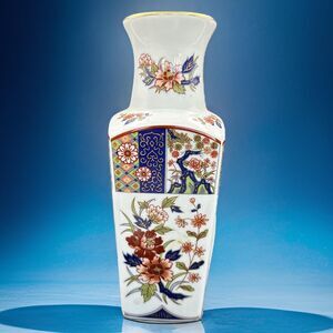 Vintage Japanese Imari 10.5" Tall Porcelain Vase Blue Red Green Floral Stamped